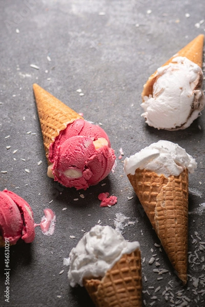 Fototapeta Variety of ice cream scoops in waffel cones