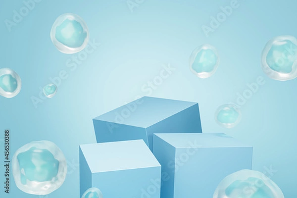 Fototapeta Podium or pedestal for products or advertising with bubbles on pastel blue background, 3d render