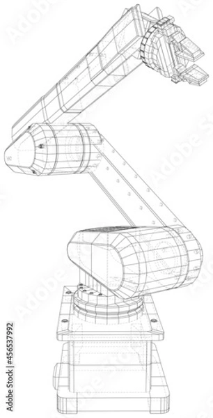 Fototapeta Industrial Robotic Arm Hand isolated on white. Technical wire-frame. Vector rendering of 3d.
