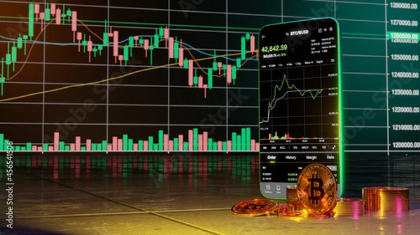 Fototapeta Cryptocurrency trading or bitcoin on smartphone and growth Stock exchange data information investment. trader concept. 3d rendering.