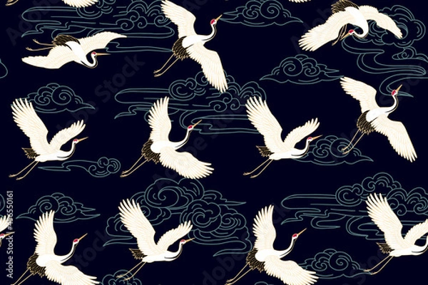 Fototapeta Seamless pattern with cloud motives and cranes