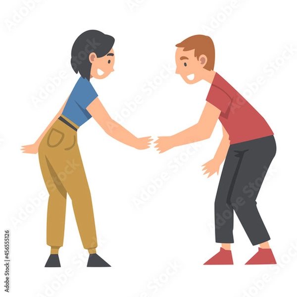 Fototapeta Happy Man and Woman Character Putting Their Hands Together Showing Unity and Solidarity Vector Illustration