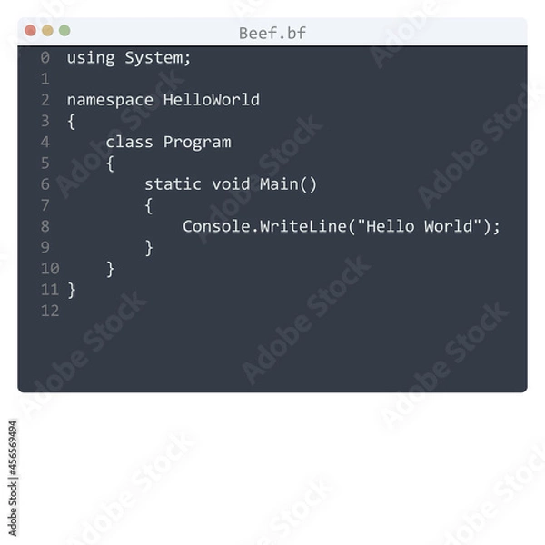 Fototapeta Beef language Hello World program sample in editor window