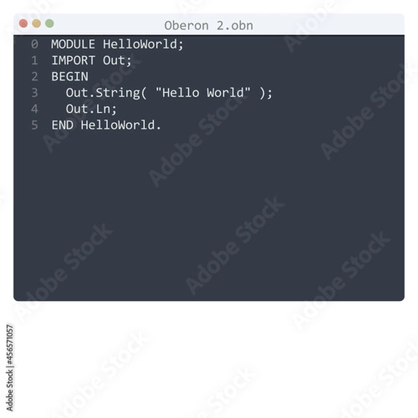 Obraz Oberon 2 language Hello World program sample in editor window