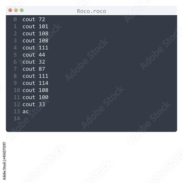 Fototapeta Roco language Hello World program sample in editor window
