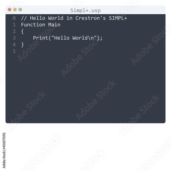 Fototapeta Simpl+ language Hello World program sample in editor window