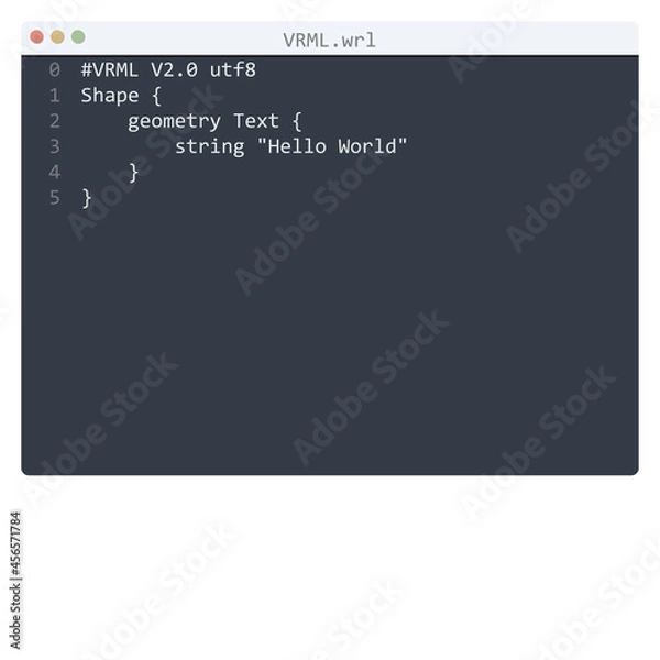 Fototapeta VRML language Hello World program sample in editor window