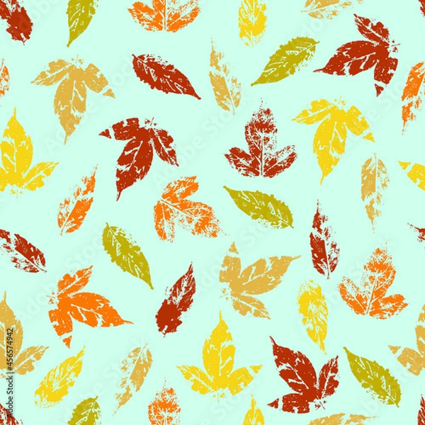 Fototapeta fallen autumn leaves vector seamless pattern stamps of natural leaves paint on paper. background for fabrics, prints, packaging and postcards
