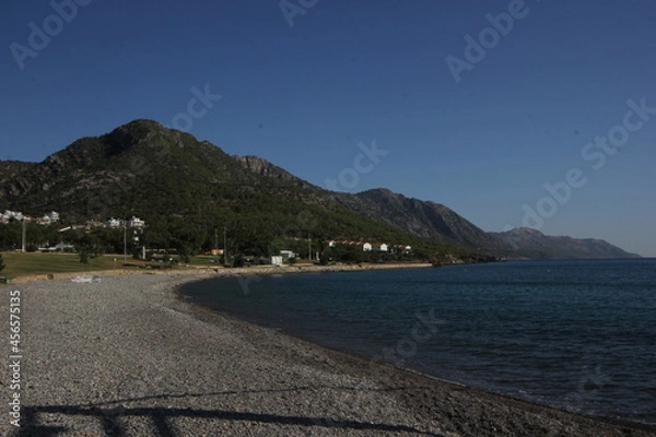Obraz Mountain view coastline with forest, beach.