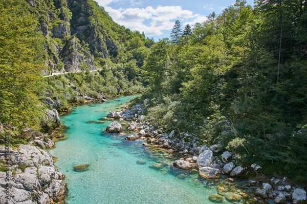 Fototapeta Scenic view of the beautiful river Soca in Slovenia.