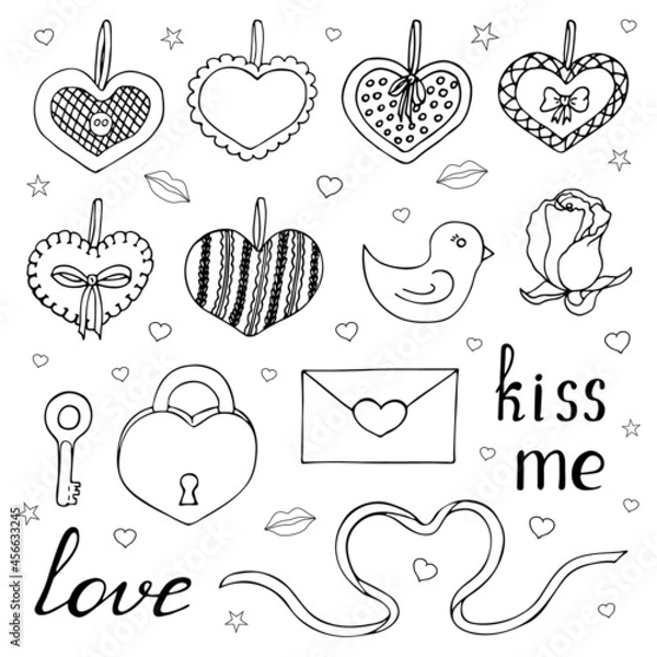 Fototapeta Set for Valentines Day outline. Hand drawing. Vector illustration.