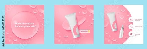 Fototapeta Minimal beauty cosmetic social media square post banner in pink color. For product knowledge, display, price, catalog tips template with icon water droplet bubble soap elements