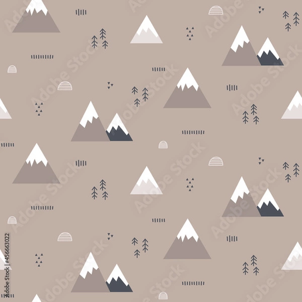 Fototapeta Christmas cute wild winter forest vector seamless pattern with Christmas trees, mountains, stones, bushes in trendy Scandinavian Boho style
