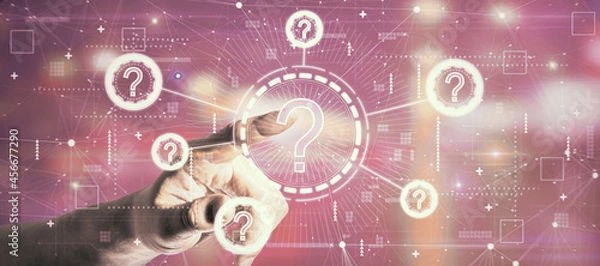 Fototapeta Hand pointing at creative digital questions interface on pink background. Education, problem and digital help concept. Double exposure.