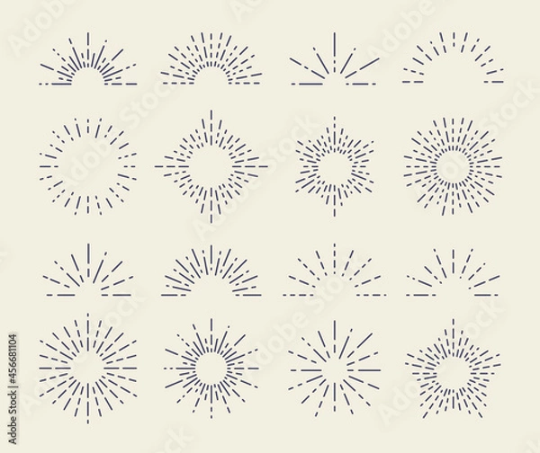 Fototapeta Set of Vintage Sunbursts in Different Shapes. Trendy Hand Drawn Retro Bursting Rays Design Elements. Hipster Vector illustration