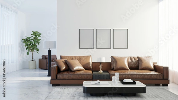 Fototapeta Blank poster frames mock up in scandinavian style living room interior, modern living room interior background, brown leather sofa, 3d rendering