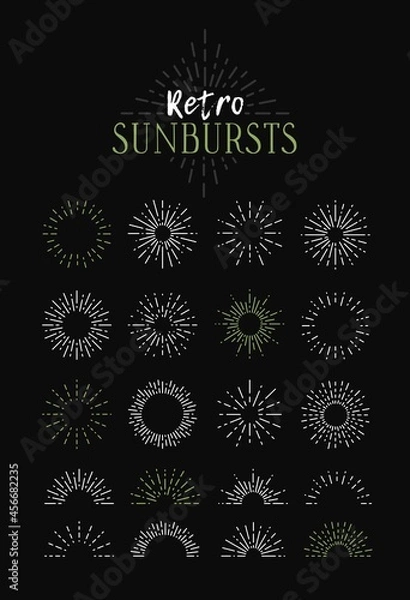 Fototapeta Set of Vintage Sunbursts in Different Shapes. Trendy Hand Drawn Retro Bursting Rays Design Elements. Hipster Vector illustration 