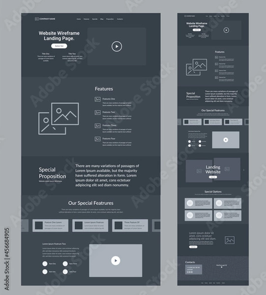 Fototapeta Landing page design. Dark site wireframe layout interface.