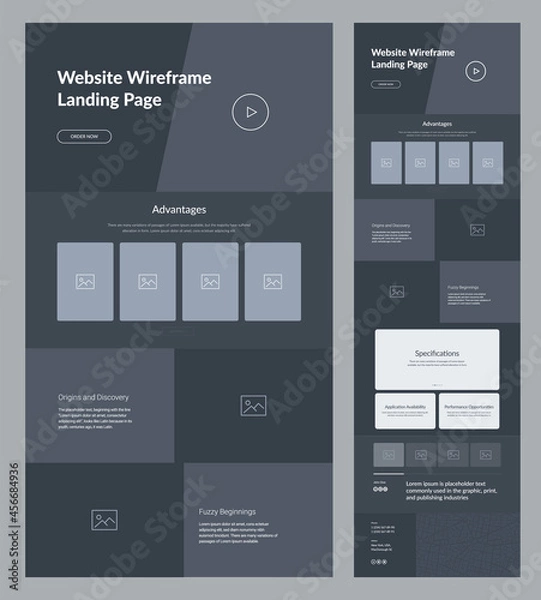 Fototapeta Landing page design. Dark site wireframe layout interface.