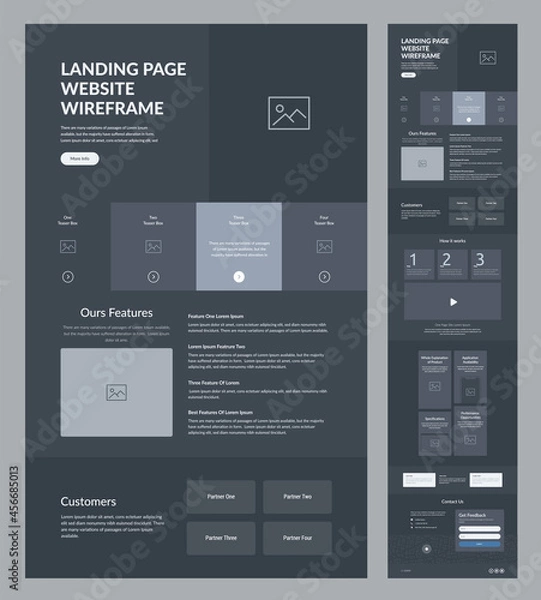 Fototapeta Website template design. Dark landing page site wireframe. One page site layout interface for your company.