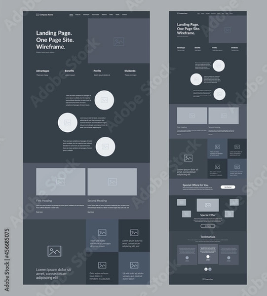 Fototapeta Website template design. Dark landing page site wireframe. One page site layout interface for your company.