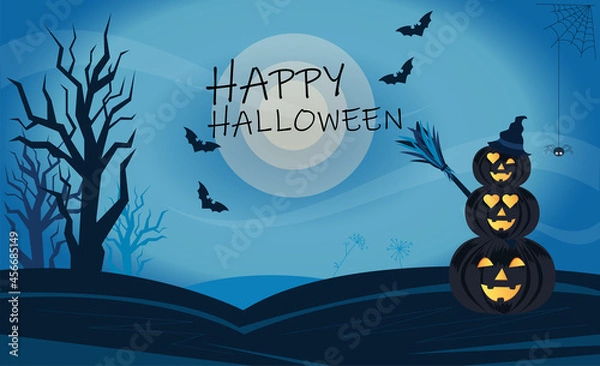 Fototapeta Halloween background with a full moon, pumpkins and trees, a spider and bats. The finished picture is a postcard in a vector.