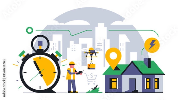 Fototapeta Online parcel delivery service to your home. A flying drone delivers a parcel to the house. Future technologies, flying machine, courier, time, stopwatch, route. Vector illustration.