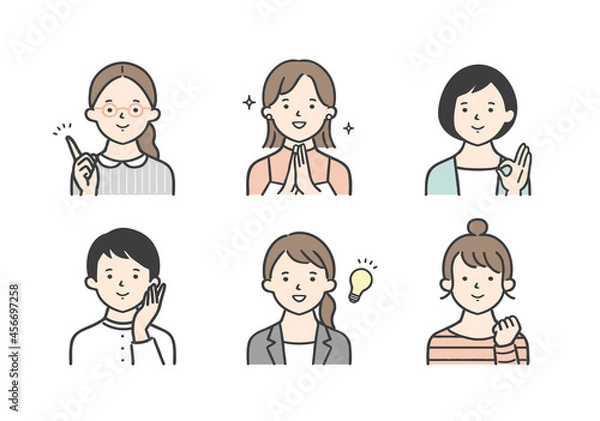 Obraz 嬉しそうな表情をした若い女性のイラスト素材セット