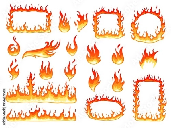 Fototapeta Colorful fire flame. Effect flames, glowing fire symbols. Burning cartoon round frame, hot red bonfire. Heating graphic shapes recent vector set