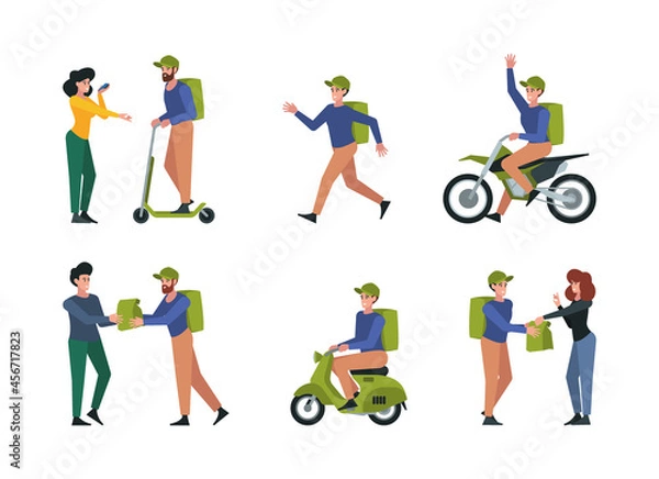 Fototapeta Food delivery. Logistic service for urban delivery food on bike ship different transport garish vector illustrations in flat style isolated