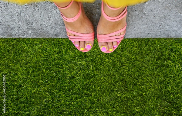 Obraz Top view, from the first person, of women's feet in sandals with open socks. Beautiful pedicure