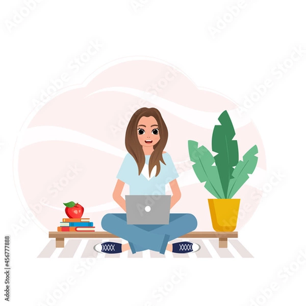 Fototapeta A girl with books and a laptop. A homemade flower in a pot. The concept of coronavirus isolation and work at home, training. Vector isometric image of an online textbook for students to study.