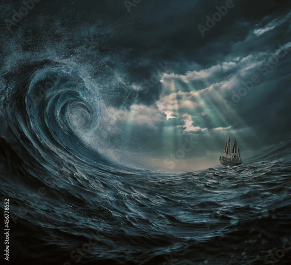Fototapeta illustration of the ship in the storm, gigantic waves