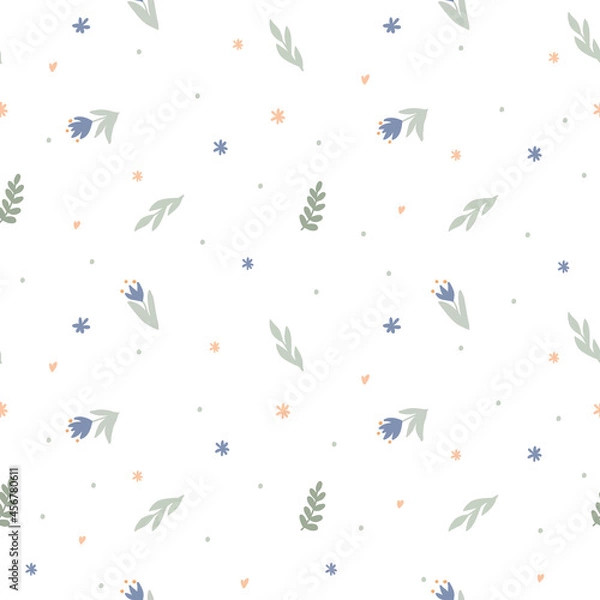 Fototapeta Seamless pattern with childish flowers and twigs on a white background. Cute vector illustration,