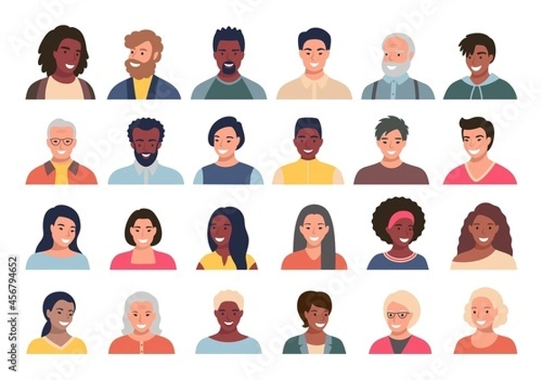 Fototapeta Set of persons, avatars, people heads of different ethnicity and age in flat style. Multi nationality social networks people faces collection.