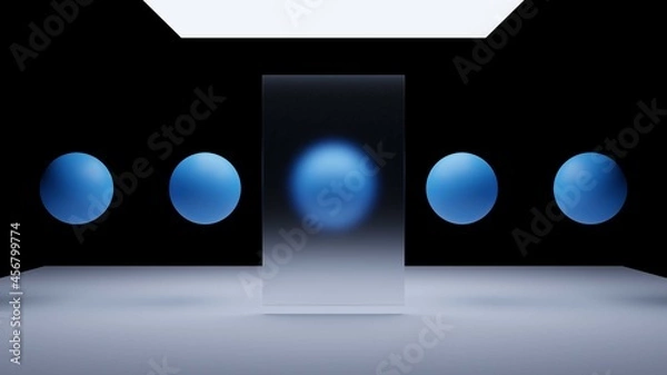 Fototapeta Blues spheres of balls on gray background. Flowing blue soft spheres. Abstract background with dynamic 3d spheres.