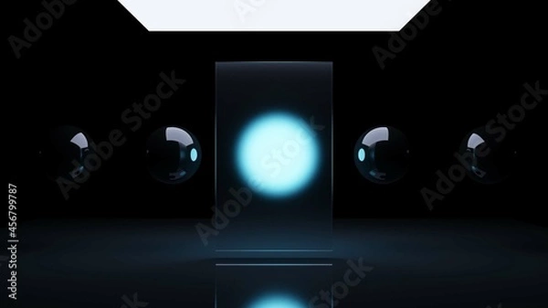 Fototapeta Blues spheres of balls on gray background. Flowing blue soft spheres. Abstract background with dynamic 3d spheres.