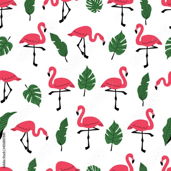 Fototapeta seamless pattern with pink flamingo and palm leaves. A pattern with exotic birds, a banana leaf, a monstera. Stock vector flat cartoon illustration on a white background.