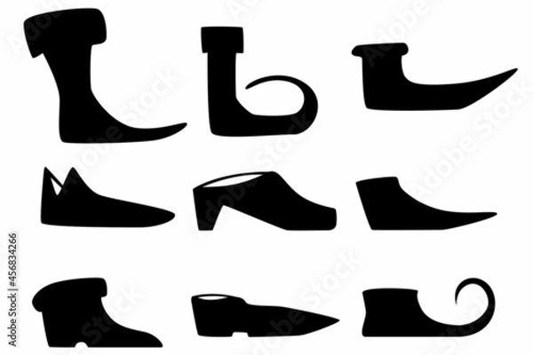 Obraz Set of nine silhouettes of medieval shoes for games, websites, design, and more.