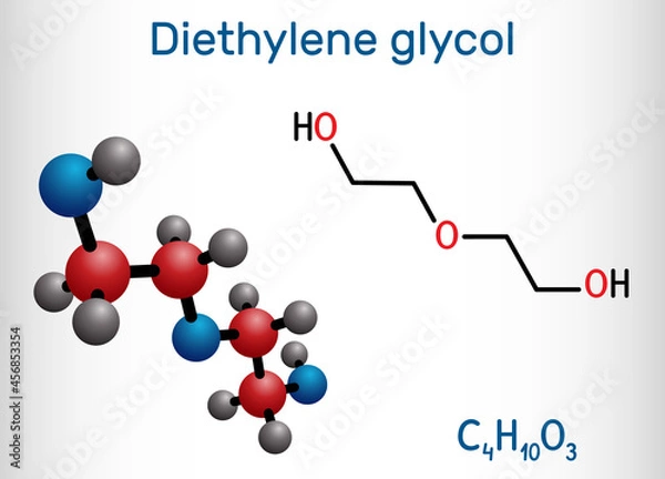 Fototapeta Diethylene glycol, DEG molecule. It is diol, solvent. Structural chemical formula and molecule model