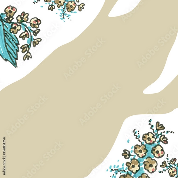 Fototapeta Multicolored Template Background for Holidays stories. Felt pen Floral blue Element in the style of line art. beige and white Backgrounds for text. Doodle and scribble Flower with leafs