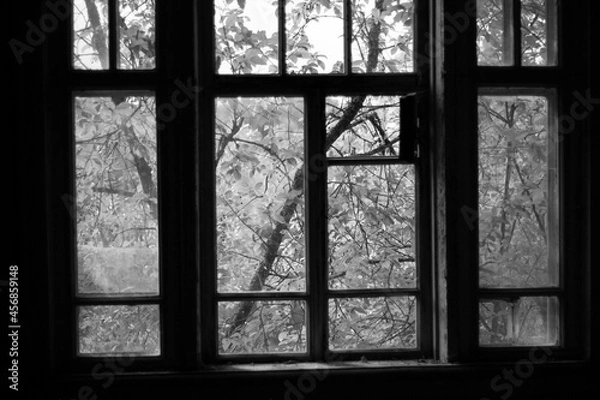 Fototapeta windows of an old abandoned wooden rural hospital in black and white