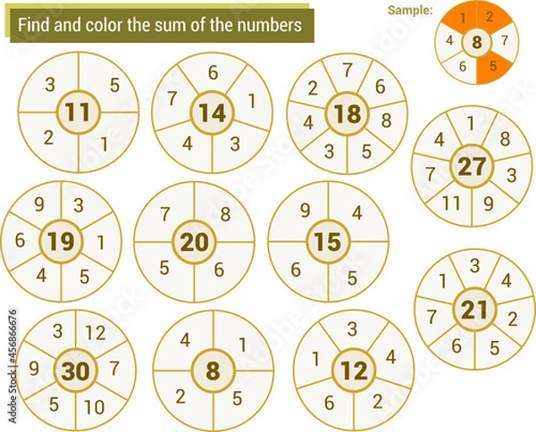 Fototapeta  Mathematical game. Find and color in the numbers that add up the small circle