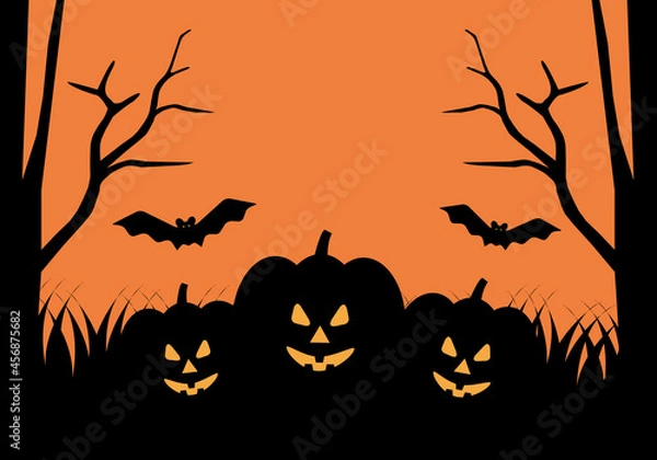 Fototapeta Happy Halloween with shadow monster on orange background, Halloween illustration for web, poster, flyers, ad, promotions, blogs, social media, marketing, greeting card. paper cut design style.