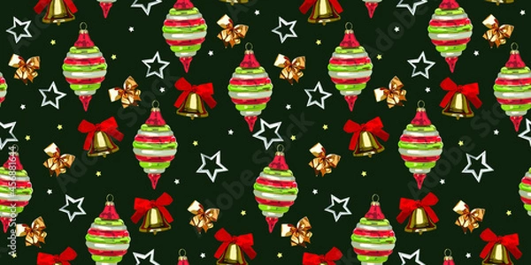 Obraz Christmas toys, bells and bows vector seamless pattern