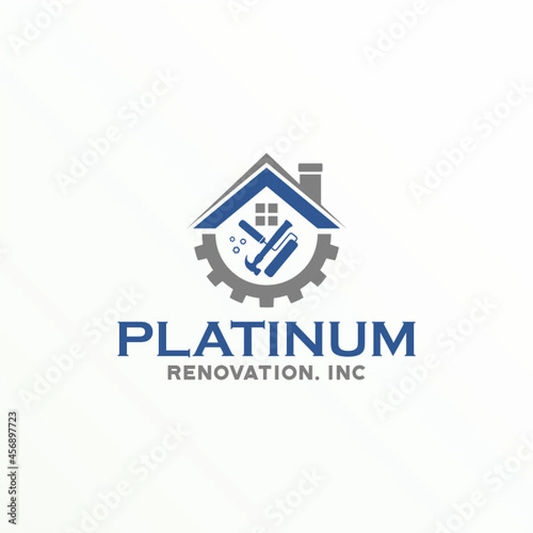 Fototapeta Unique House roof with Hammer, Gear, and Painting equipment  image graphic icon design abstract logo vector stock. Can be used as a symbol related to property or renovation