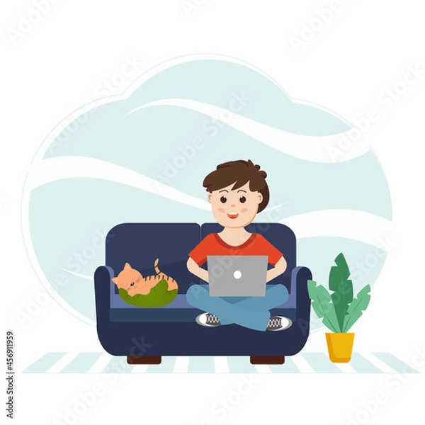 Fototapeta The boy is sitting on the couch with a laptop and a cat. A homemade flower in a pot. The concept of work at home, training. Vector image in a children's drawing and flat style.