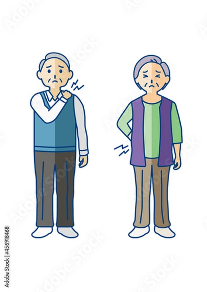 Obraz 肩こり腰痛に悩むシニアの全身ポーズ