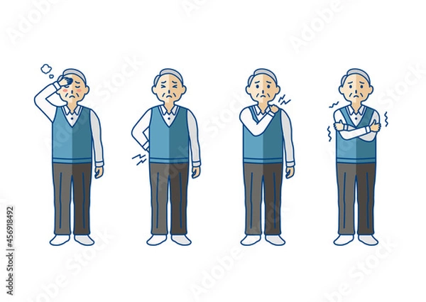 Obraz 風邪、肩こり腰痛に悩むシニア男性の全身ポーズ