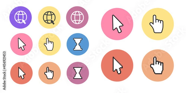 Obraz Pixel cursors icons mouse hand arrow. Mouse computer cursor. Hand arrow web cursor set